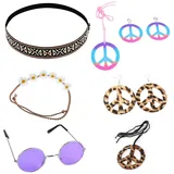 TNSRAY Hippie Accessoires, Hippie kostüm Damen Männer, Hippie Kostüm Set 60er 70er Jahre Damen Retro Zubehör mit Haarschmuck Sonnenbrille, Kleidung Accessoires Disco Damen Mädchen