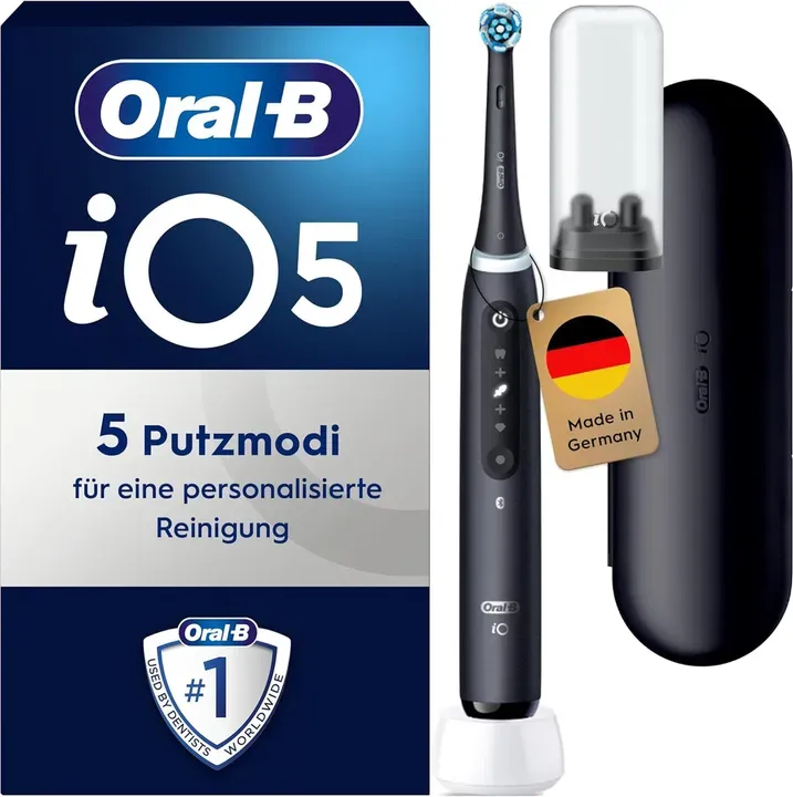 Oral-B iO Series 5 Elektrische Zahnbürste/Electric Toothbrush, Magnet-Technologie, 5 Putzmodi für Zahnpflege, LED-Anzeige & Reiseetui, Designed by Braun, Schwarz