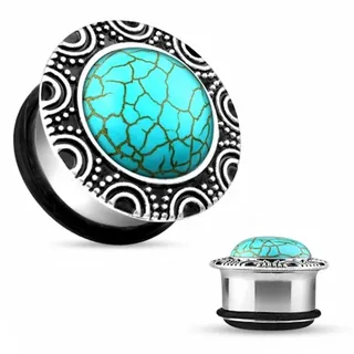 Taffstyle Plug Piercing Single Flared Tribal Türkis Stein Inlay, Ohr Plug Flesh Tunnel Ohrpiercing Flared Tribal Türkis Stein Inlay silberfarben 12mm