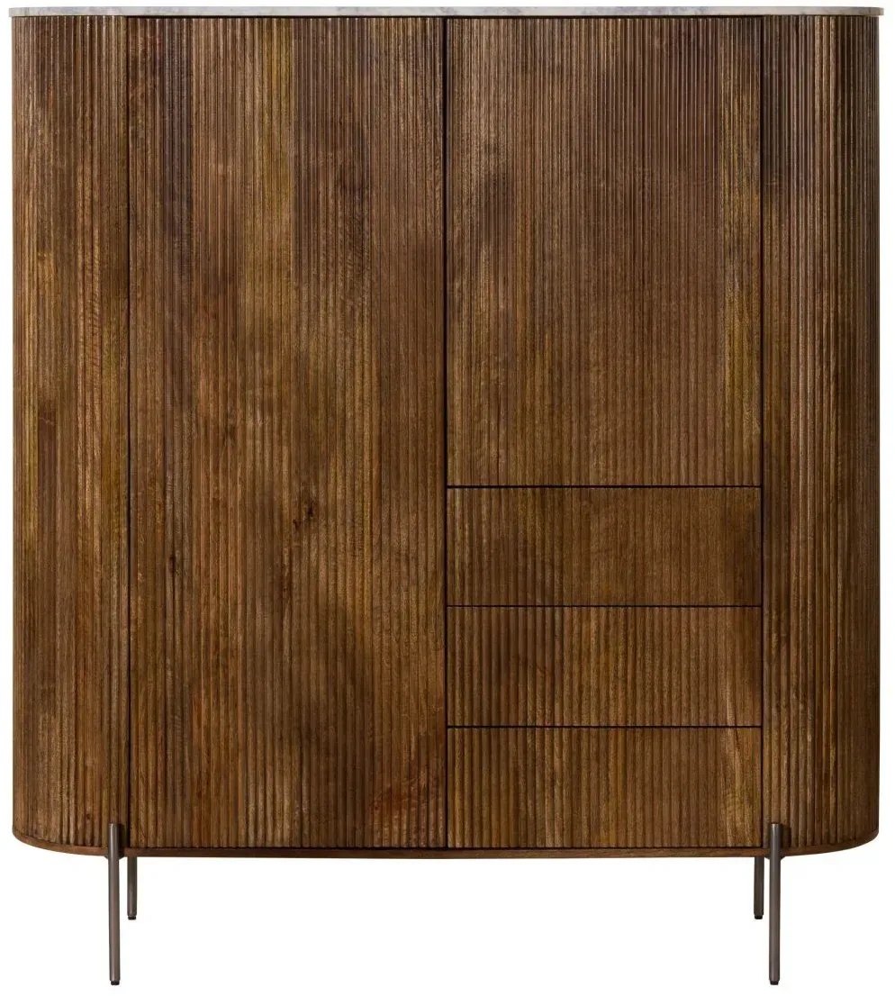 Highboard Mango 150x45x160 braun lackiert / Marmor weiß BARCELONA #241