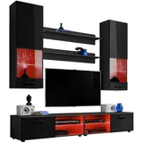 komodee Komodee, Wohnzimmerset, Schwarz, Schwarz, Holzwerkstoff, 8 Fächer, Rechteckig, 200x190x45 cm, Wohnzimmer, Wohnwände, Wohnwand-Sets