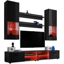komodee Komodee, Wohnzimmerset, Schwarz, Schwarz, Holzwerkstoff, 8 Fächer, Rechteckig, 200x190x45 cm, Wohnzimmer, Wohnwände, Wohnwand-Sets
