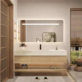 360Home Wandhängendes Waschbecken-Set - Sinterstein - Travertine look, mit Spiegel, Unterschrank, Ablage & Ablauf, mit Armaturenloch 120×55 cm【YT9865-1...