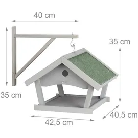 Relaxdays Vogelfutterhaus Holz, Futterhaus zum Aufhängen, HBT: 35x42,5x40,5 cm, Garten, Futterstelle für Wildvögel, grau
