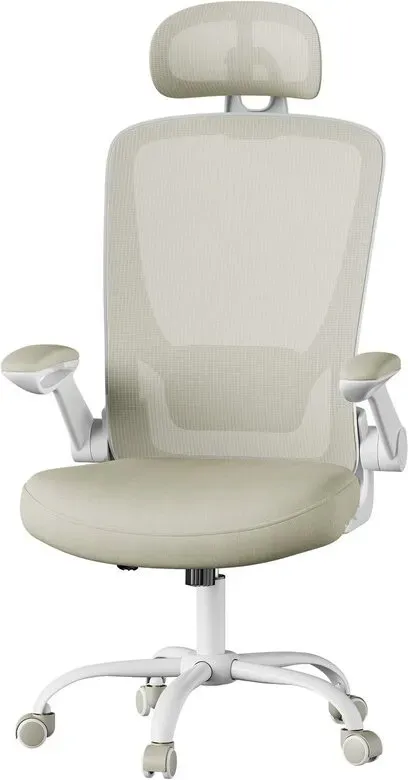 Ochama Hellbeige ergonomischer Mesh-Drehbarer Bürostuhl – 62×62,4×(120,4-127,4) cm Lenden- & Kopfstütze, breiter Sitz, klappbare Armlehnen, Neigemechanismus – Ideal für Büro- oder Schlafzimmerarbeitsplatz