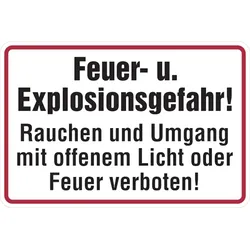 Hinweisschild, Feuer- u. Explosionsgefahr! - 300 x 200 x 0.45 mm Aluminium geprägt