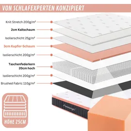 Arensberger Kupfermatratze mit Federkern & Kupferschaum + integrierter Topper | 140x200 cm Höhe 25cm Härtegrad H3/ H4 Taschenfederkern Weiß, Textil, Schlafzimmer, Matratzen Shop, Matratzen, Taschenfederkernmatratzen