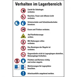 Aufkleber I Hinweisschild Verhalten im Lagerbereich, Piktos ISO 7010, Folie, 200x300mm, DIN EN ISO 7010