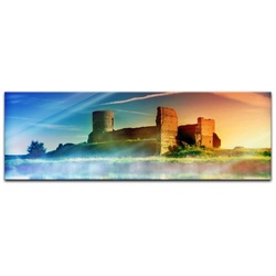Bilderdepot24 Glasbild, Alte Burgruine im Sonnenuntergang bunt 120 cm x 40 cm