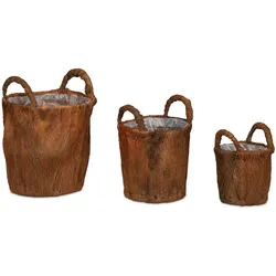 Relaxdays Pflanzkorb 3er Set, Kokos, rustikaler Blumentopf, Palmblatt Übertopf, zum Bepflanzen, Pflanzgefäß Deko, natur