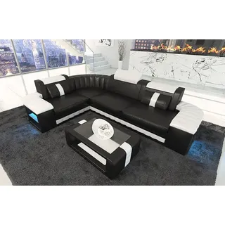 Sofa Dreams Ecksofa Bergamo L Form Mini Leder, Couch mit Eckelement, LED-Beleuchtung, 3 Kopfstützen, 4-Sitzer, USB schwarz