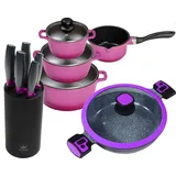 11tlg. KING Vorteilsset BERRY: 4tlg. Kochtopfset Aluguss Berry, 3xKochtöpfe in Ø16,Ø20,Ø24cm, 1xStieltopf Ø16cm + 6tlg. Messerset CARBON BERRY... - Violett