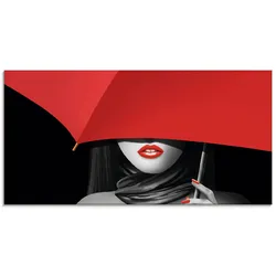 Glasbild ARTLAND "Rote Lippen unter dem Regenschirm", rot (farbe bild(er): rot), B:100cm H:50cm, Bilder, in verschiedenen Größen