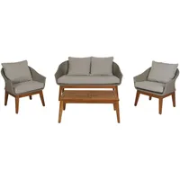 MCW Gartengarnitur MCW-N37, Garten-/Lounge-Set Sofa Sitzgruppe, Poly-Rattan Holz Akazie ~ grau, Kissen hellgrau