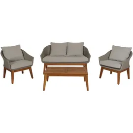 MCW Gartengarnitur MCW-N37, Garten-/Lounge-Set Sofa Sitzgruppe, Poly-Rattan Holz Akazie ~ grau, Kissen hellgrau