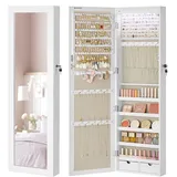 SONGMICS Schmuckschrank hängend, Wandspiegel, 6 LED-Glühbirnen, abschließbarer Spiegelschrank, Wandschrank, Wandmontage, an der Tür hängend, weiß mit Holzmaserung-beige JJC093W01, 10x20 cm