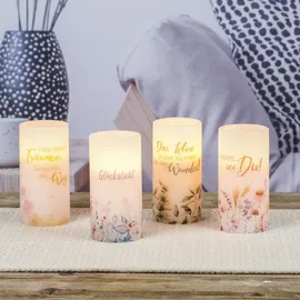 MARELIDA LED Kerze mit Zitat Blumen Motiv Echtwachs flackernd H:15cm Batterie weiß