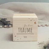 hellomini Personalisierte Spardose aus Holz mit Namen – Gravierte Reisekasse für kleine & große Abenteuer – Geschenkidee mit Wunschtext für Urlaubsträume - Träume