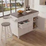 MCW Kücheninsel MCW-P62 mit 2 Sitzhockern, Küchenschrank Schublade Staufächer MDF 90x131x47cm weiß, dunkles Holz