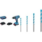 Bosch Professional 18V System Akku-Bohrschrauber GSR 18V-21 (inkl. 2x2.0 Ah Akku + Ladegerät, in L-BOXX 136) + 4x Expert CYL-9 MultiConstruction Bohrer Set (für Beton, Ø 4-8 mm, Zubehör)