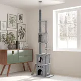 Kratzbaum Deckenhoch Höhenverstellbar, Katzenkratzbaum, Sisal, Plüsch, Hellgrau | 60x40x225-255 cm | 6 Ebenen, 3 Höhlen | 14 kg - Hellgrau