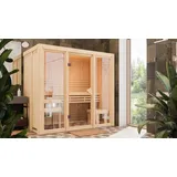 Woodfeeling Karibu Sauna Avari 2 Superior mit Fronteinstieg 68 mm - 230 Volt Plug & Play Ohne Dachkranz 3,6 kW Plug&Play Ofen mit externer Steuerung Easy inkl. 8-teiligem gratis Zubehörpaket (Gesamtwert 191,92€)