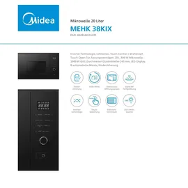 Midea Einbaumikrowelle 20 Liter MEHK38KIX, Rahmenlos, Schwarz matte - Schwarz