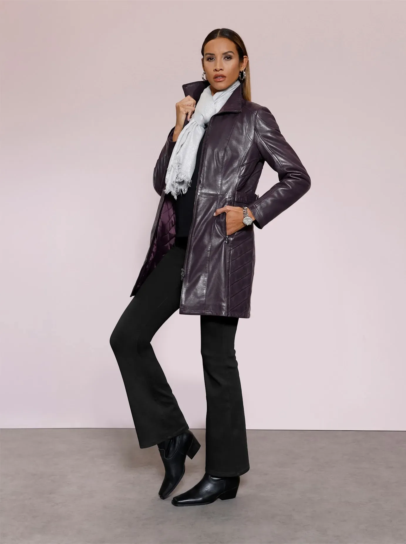 Lederjacke MAINPOL, Damen, Gr. 50, aubergine, 100% Lammnappaleder, unifarben, Jacken