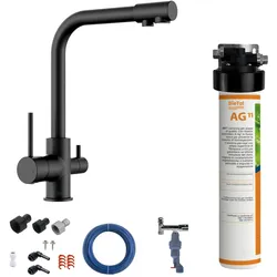 BieTal® Untertisch Wasserfilter Aktivkohle SET 3-Wege Hahn Schwarz & Wasserstop