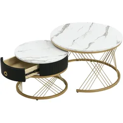 Merax 2er-Set Couchtisch, Marmoroptik, Golddekor, Beistelltisch mit Schubladen, Weiß| Schwarz