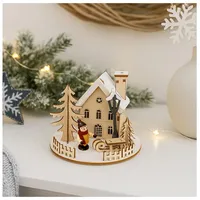 Hti-Living Weihnachtshaus Weihnachtshaus LED beleuchtet mit Schlittenjunge, Leuchtdeko batteriebetrieben beige