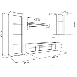 komodee Wohnzimmerset, Weiß, Schwarz, Holzwerkstoff, 8 Fächer, Rechteckig, 245x159x35 cm, Wohnzimmer, Wohnwände, Wohnwand-Sets
