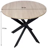 SKRAUT HOME - Runder fester Esstisch zen, Wohnzimmer, 90 x 90 x 77 cm, Kapazität für 4 Personen, Widerstandsfähige Materialien, Farbe Eiche, Beine aus Metall Schwarz matt lackiert, Ø90x77cm | Braun/Schwarz