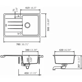 Victory S780,40 rechts Einbau Granit grau Handbetätigung 780 x 500 mm