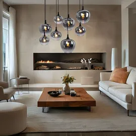 GLOBO Pendellampe Hängeleuchte Wohnzimmer Pendelleuchte Wohnzimmer Esstischleuchte rauch Glasschirm, Metall schwarz, Fassungen 8x E27, Lxbxh 105x45x120 cm
