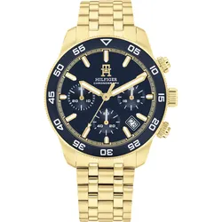 Chronograph TOMMY HILFIGER "TH85 CHRONOGRAPH", gold (goldfarben, blau), Armbanduhren, Herren, Quarzuhr, Armbanduhr, Herrenuhr, Lederarmband, analog, Tag