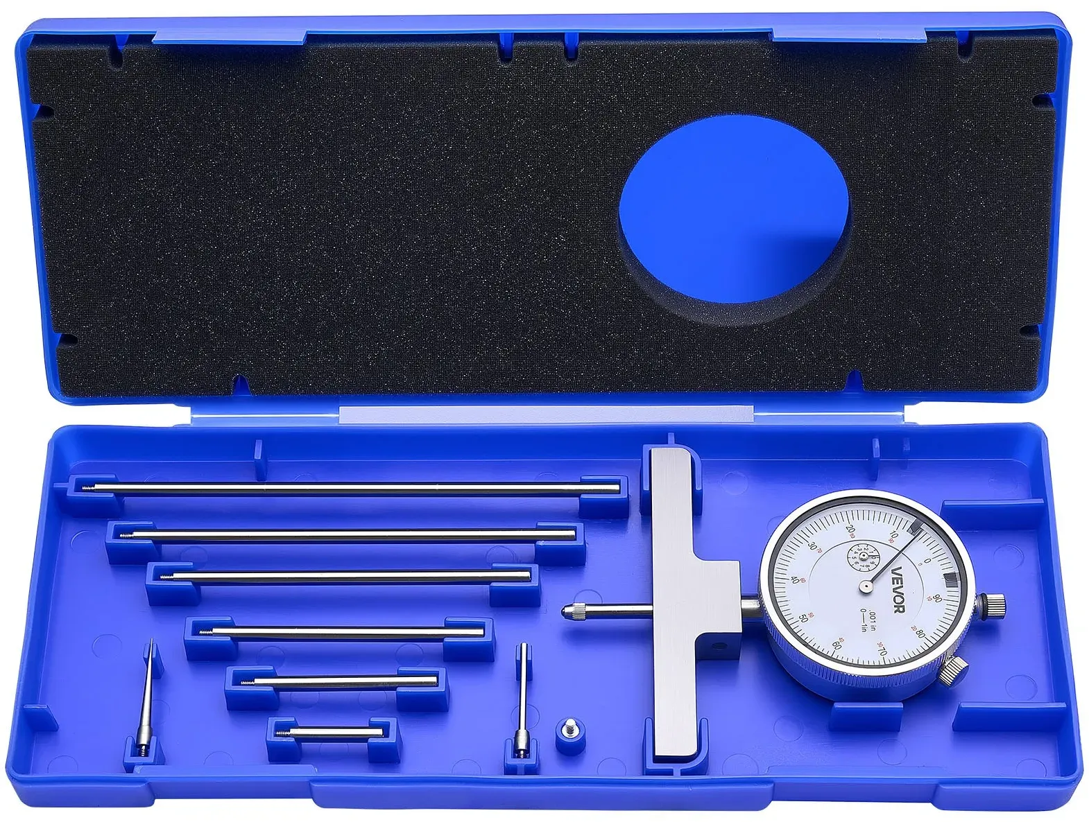 VEVOR Tiefenmesser, Messschieber Messbereich 0–22 Zoll, Auflösung 0,001 Zoll, mit 4 Ambossen & 6 Standardstangen, Gut Ablesbares Mechanisches Messwerkzeug für Nuten, Stufen & Bohrungen
