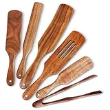 Puooifrty 6 Stück Spurtle Set, Teak Spurtle Set Hitzebeständige Spatel Utensilien Set Antihaft-Holzlöffel