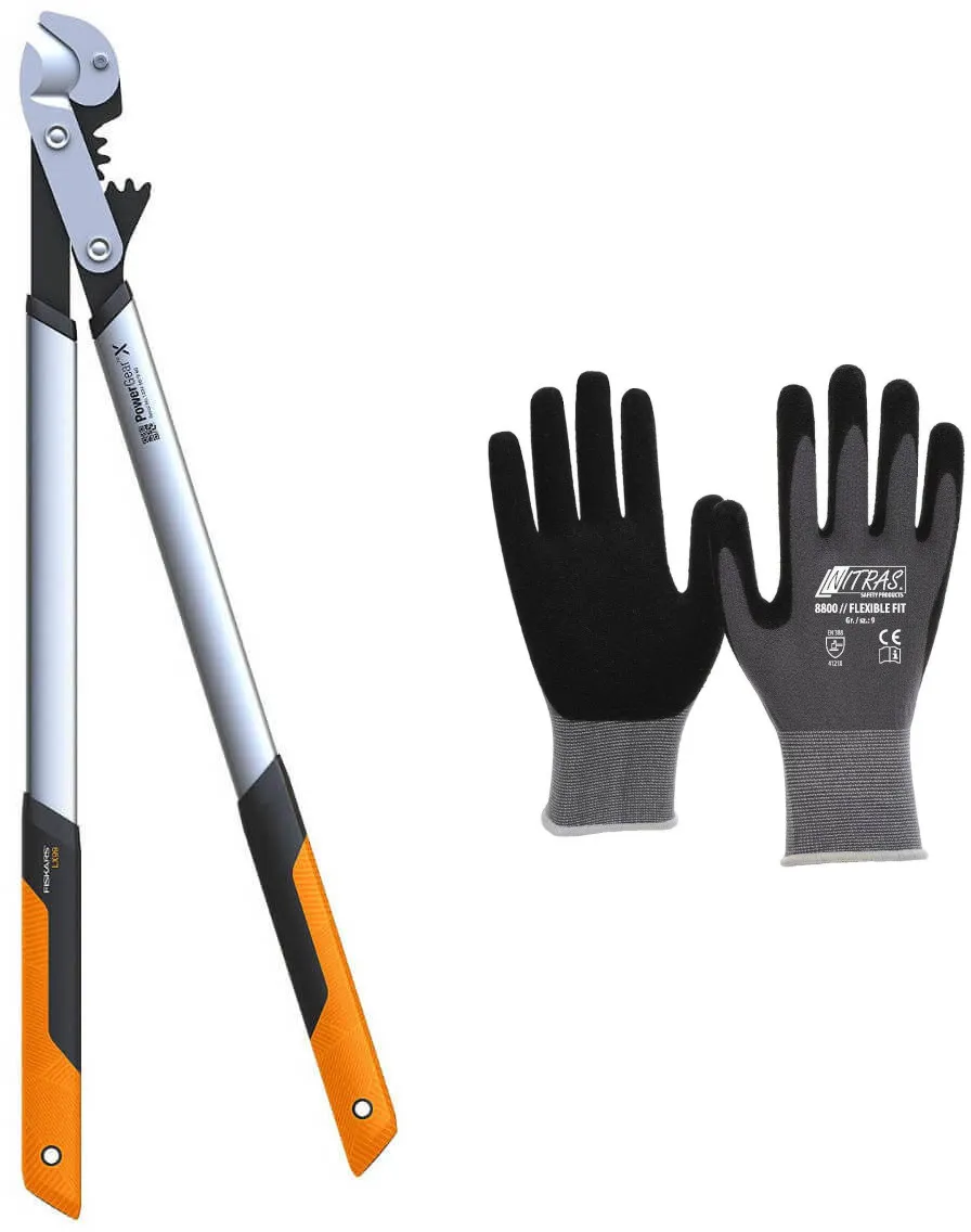 Fiskars Set Astscheren Getriebeastschere Amboss LX99-L + Gartenhandschuhe