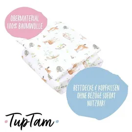 TupTam Kinder Gemusterte Bettdecken Set Ganzjahresdecke Bettdecke Kopfkissen Flachkissen 2tlg., Farbe: Wald Tiere Braun Beige Fuchs Reh Igel Eichh... - Braun/Beige