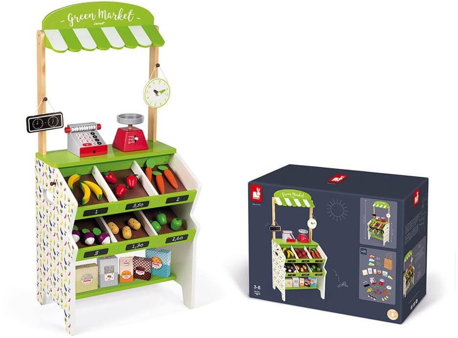 Janod - Green Market Wooden Grocery for Children - 32 Accessories Included - Shopping Pretent Play Toy - For children from the Age of 3, J06574, Green and White