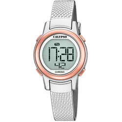 Chronograph CALYPSO WATCHES "Digital Crush", silber (silberfarben, roségoldfarben), Armbanduhren, Damen, Armbanduhr, Quarzuhr, Damenuhr, Digitalanzeige, Datum, Stoppfunktion
