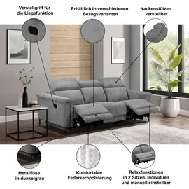 OTTO home 3-Sitzer OTTO HOME "LUND Cord, B. 222cm, manuelle/elektrische Relaxfunktion in 2 Sitzen", grau, B:222cm H:97cm T:100cm, 100% Polyester, Sofas, USB-C bei elektrischer Ausführung, Kopfteilverstellung