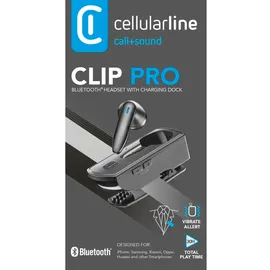 Cellular Line cellularline Clip PRO | Mono-Bluetooth-Headset mit Clip-Ladestation - Total Play Time 30h - Charging Time 1.5h - Lösungsschlüssel - Tasten zur Lautstärkeregelung - Schwarz