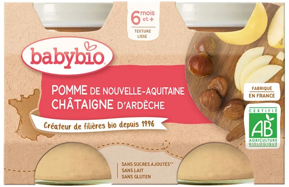 BABYBIO Petits pots Pommes de Nouvelle-Aquitaine et Châtaigne d'Ardèche 260 g purée