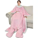 Catalonia Classy Flauschig Decke mit Ärmeln und Fußtasche Warm Geschenk für Frauen Herren Weihnachten, Flauschige Sherpa Kuscheldecke mit Ärmeln, Wohndecke zum Anziehen Erwachsene, 190 x 135 cm Rosa