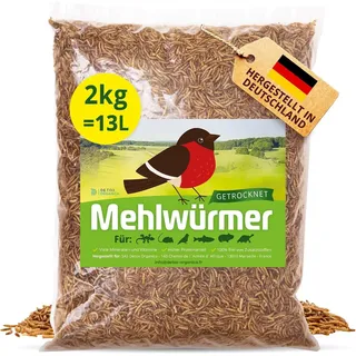 Mehlwürmer Getrocknet, 2Kg (13L) getrocknete Mehlwürmer mit sehr hohem Proteingehalt, Würmer für Reptilien, Vögel, Wildvögel, Igel, Fische, Schildkröten & Nager – Premium Qualität