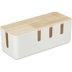 Relaxdays Kabelbox groß, für Steckdosenleiste, Kunststoff & Holz, Kabel verstecken, 11,5x30x12,5 cm, Steckdosenbox, weiß