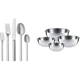 WMF Alteo Edelstahl Besteck Set 6 Personen, 30-teilig, Monobloc-Messer, Cromargan Edelstahl mattiert & Schüssel-Set Gourmet für die Küche 4-teilig Edelstahl Cromargan Multifunktional als Rührschüssel