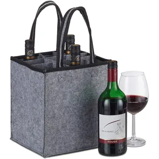 Relaxdays Flaschentasche, 9 Flaschen, Flaschenträger für Wein, Bier, Leergut Sammelbehälter, HxBxT 45 x 24 x 24 cm, Grau,